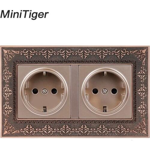 Minitiger 16A Russia Spain Double EU Standard Power Socket 4D Embossing Retro Zinc Alloy Metal Panel Wall Electrical Outlet 146