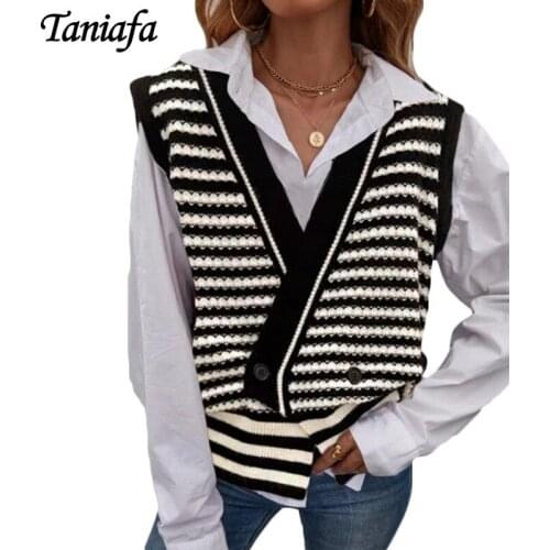 Fashion Women Sleeveless Sweater Vest Autumn Winter Casual Button Cardigan Sweater V Neck Strip Sweater Vest
