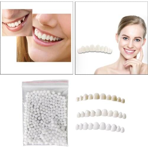 3pcs Teeth Veneers with 1 Bag Fitting Beads Temporary Teeth Snap Instant Denture Stickers Tooth Kit Replace Missing Tooth