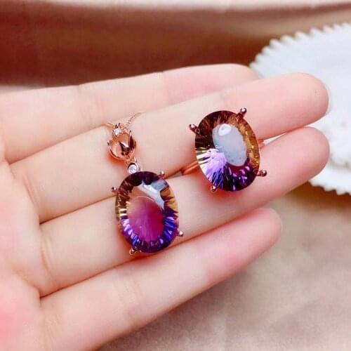 The Best Gift for Your loved Girl Natural And Real Ametrine Set 925 sterling silver Fine jewelry 1pc ring,1pc Pendant