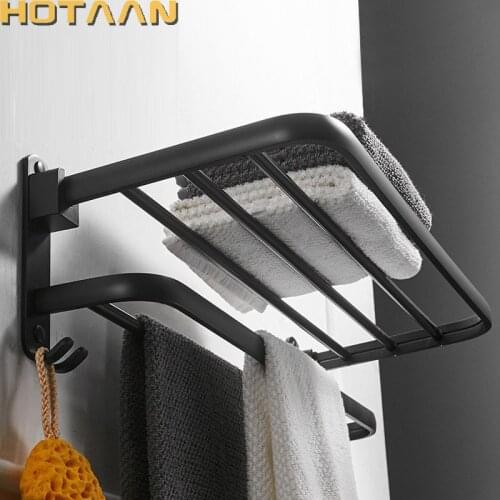 Hotaan Modern Style Wall Mounted Space Aluminum Matte Black Finish Towel Bars Towel Hanger Adjustable Towel Rack with Hooks