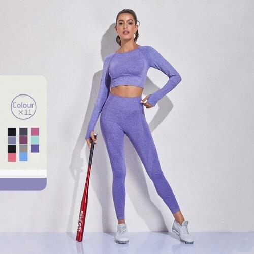 2021 New Seamless Fitness Suit Sports Set Women 2 Pieces Moisture Wicking Workout Set Gym Leggings Long Sleeve Top Sportswear