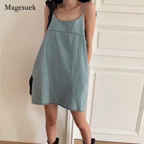 Solid U-neck Loose Denim Sling Dress for Women Casual Simple Sleeveless Mini Dress Summer 2021 Vintage Women Dress Vestido 14483