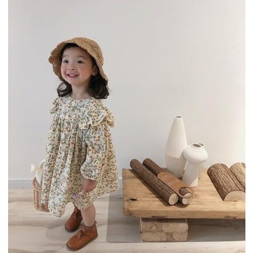 8978 Girl Dress Autumn 2021 Hot Sale Long Sleeve Korean Cotton Hemp Flower Doll Dress Temperament Girl Princess Dress Outfit