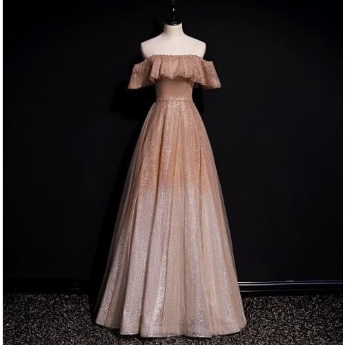 Gradient Gold Pink Prom Dresses Off the Shoulder Shiny Sequins A-line Boat Neck Wedding Graduation Party Guest Evening Gown 2020