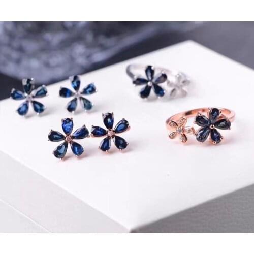 Simple and stylish sapphire suit, ring stud earrings, 925 silver, natural gemstones, flower design
