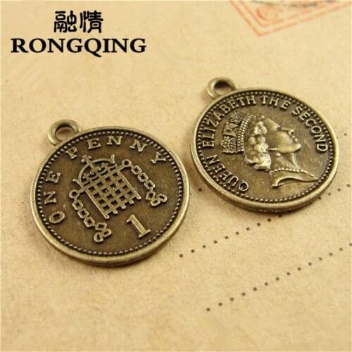 RONGQING Antique Bronze 17*19MM 100pcs/lot Ancient Coins Elizabeth Pendants Handmade Jewelry DIY
