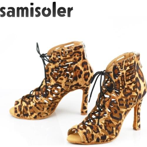 Samisoler Social Ballroom Dance Boots Indoor Sports Shoes Professional Salsa Latin Lace-Up Sandals Net Surface Hollow Out Heels
