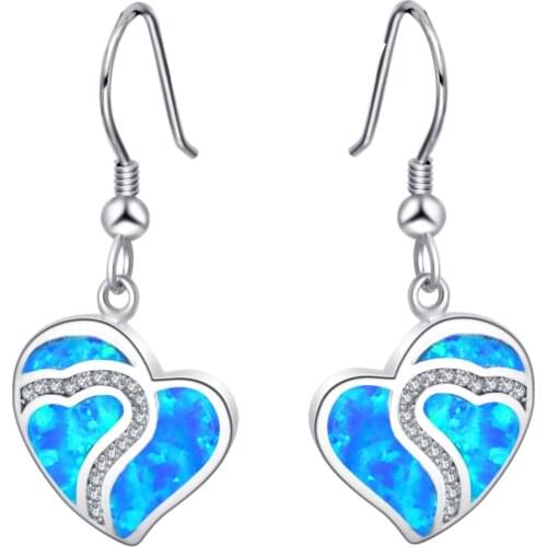 ROLILASON Heart Shaped 925 Silver Stamped Blue Opal Earrings Anniversary Gift Fashion trend for Women Exclusive OE776