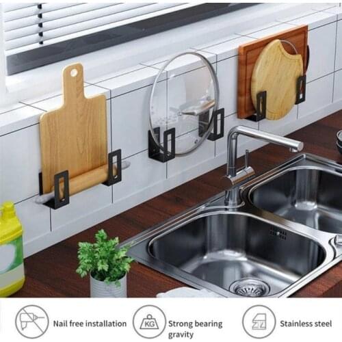 Kitchen Storage Rack Cutting Board Holder Self Adhesive Sink Pot Lid Drain Drying Rack Stainless Steel Storage Holder Kitchen