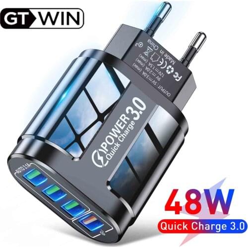 GTWIN USB Charger 3A Quik Charge 3.0 Mobile Phone Charger For iPhone 11 12 Samsung Xiaomi 4 Port 48W Fast Charging Wall Chargers