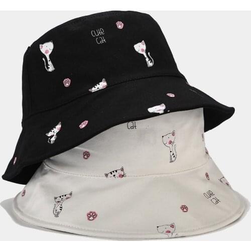 Cotton Cartoon Cat Print Bucket Hat Fisherman Hat Outdoor Travel Hat Sun Cap Hats for Men and Women 355