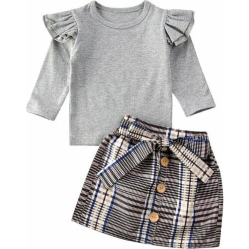0-5T 2PCS Kids Baby Girl Clothes Long Sleeve T-shirt Plaid Skirt Outfits Sets Ruffle Tops Plaid A line Bow Skirt Autumn