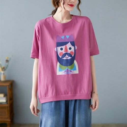 100% Pure Cotton tshirt 2021 New Arrival Korea Style Print Cartoon Summer T Shirt Loose Tops All-match Women Casual T Shirt Tees
