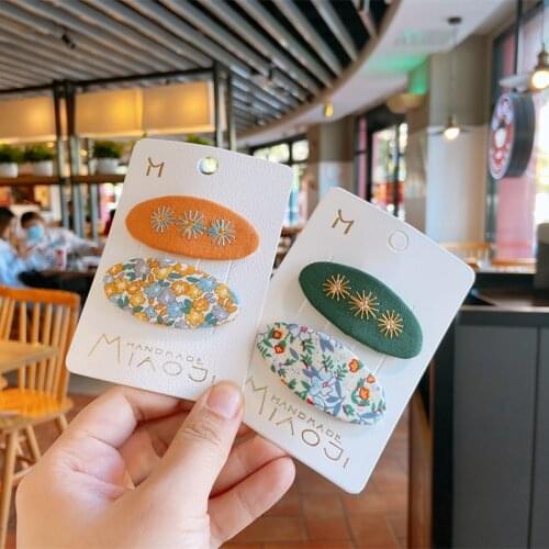 2pcs/set Hair Clip Pins Girls Kid Floral Embroidery Sweet Hair Accessories Baby Oval Bb Hair Clip Korean Barrettes Hair Grips