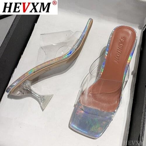 2021 New Designer PVC Transparent Slippers Women Perspex High Heels Summer Party Ladies Clear Band Crystal Shoes Plus Size 41 42