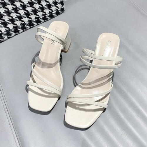 2021 New Women Slippers Square Toe Khaki Sandal Summer Shoes Woman Black Slides Slipper Female High Heel Beige Vintage Sandels