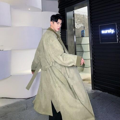 2021 spring England style long section Mixed colors lapel trench men casual loose green Windbreaker coats for men M-XL