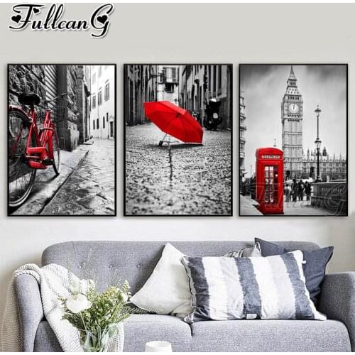 FULLCANG 5d diy diamond embroidery european red umbrella bicycle phone booth painting triptych full square round drill FC3133