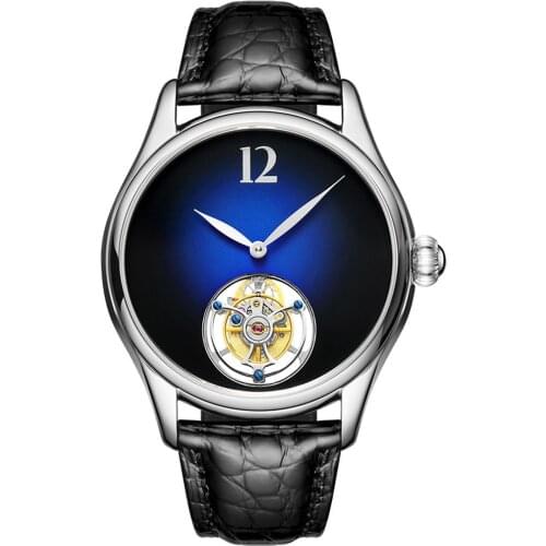 MERKUR Luxury Mens Watches Real Tourbillon Men Wrist Watch Mechanical Wristwatch Sapphire Mirror Leather Strap Gradient Dial
