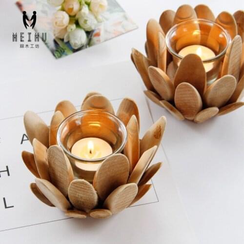 Wooden Candlestick Lotus Petal Glass Cup Candle Holder Candlestick Wedding Table Decor Candle Holder Stand Aesthetic Home Decor