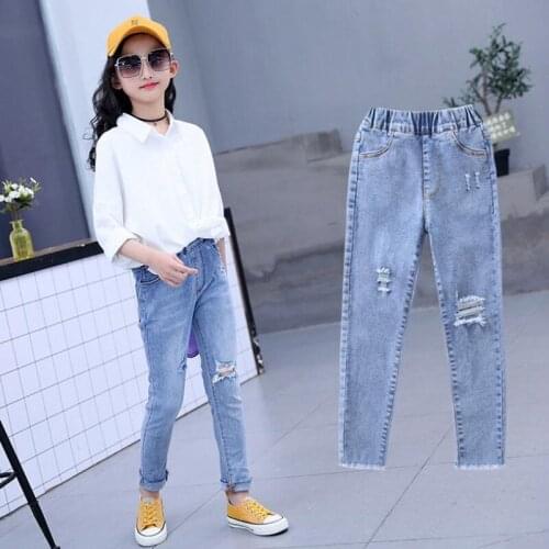 DFXD 3-12Years Fashion Teenage Girls Skinny Ripped Jeans Pants Elastic Waist Cotton Denim Long Pencil Pants Spring New Clothes