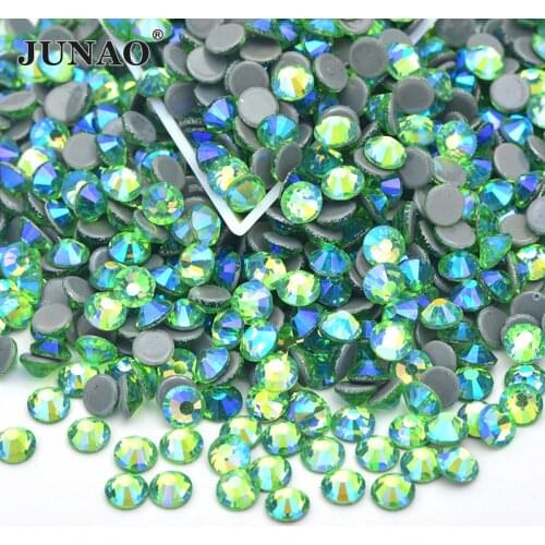 JUNAO SS6 8 10 12 16 20 30 Green AB Hot Fix Crystal Rhinestones Flat Back Round Crystal Stone Iron On Transfer Diamond Strass
