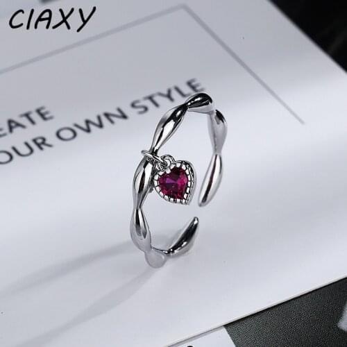 CIAXY 925 Sterling Silver Opening Wave Rings for Women French Style Small Pendant Rose Red Zircon Heart Ring Fashion Jewelry