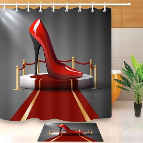 LB Red High Heel Shower Curtain Creative Heel on The Red Carpet Fashion Shower Curtains for Girls Woman with 12 Hooks