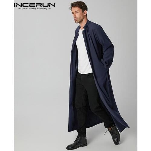 Vintage Men Long Coats Long Sleeve Solid Color Streetwear Faux Fleece Blends Men Overcoats 2021 Button Long Style Trench INCERUN