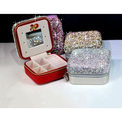 NEW Fashion Diamond Crystal Mini Jewelry Box Petite Travel Portable Cosmetic Case Earring Ring Storage Box Makeup Organizers