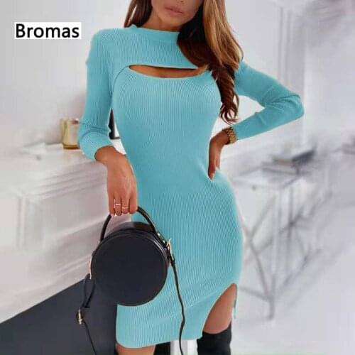 New Party Dress Womens Sexy Fashion Solid Color Chest Hollow Long-Sleeved Slim Dress