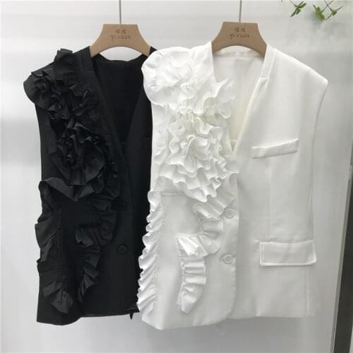 Pleated Ruffled Suit Vest Womens 2021 Autumn New Design Sleeveless Coat Lady Loose All-Match Waistcoat White Black