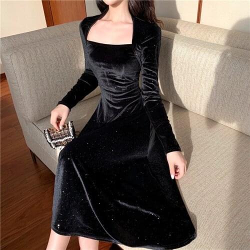 Real shot 2019 new fashion ladies party sexy gold velvet black big party dress