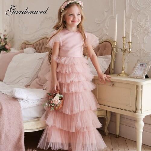 Gardenwed A-line Layers Girl Wedding Dresses Organza Cap Sleeve Celebrity Dresses Kids Satin Bow Sashes Flower Girl Dresses