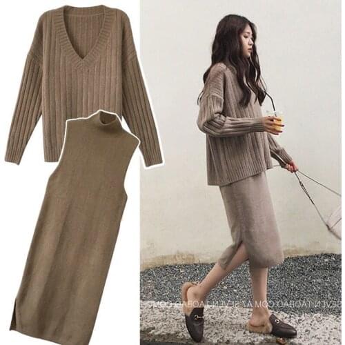 Thickened Knitting Suit Womens Autumn and Winter Clothes Two-Piece Suit Style Two-Piece Sweater Dress