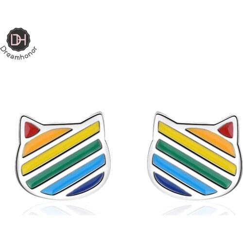 Dreamhonor 925 Sterling Silver Colorful Cat Stud Earrings Women Exquisite Girlfriend Jewelry Accessories
