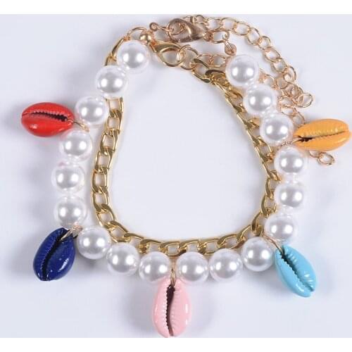 Charm Beach Shell Bracelet Woman Faux Pearl Beaded Bracelets Jewelry Famme Fashion Gold Color Link Chain Bracelets For Women