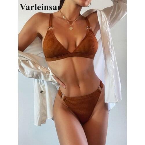 New Sexy Ribbed Padded Bikini Women Swimwear Female Swimsuit Two-pieces Bikini set Mid Waist Bather Bathing Suit Swim Lady V2847
