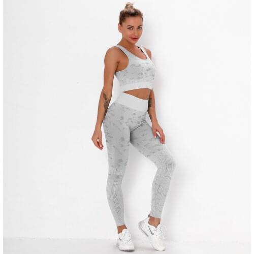 Seamless Women Camo Yoga Set Knitted Camouflage Sportswear High Waist Running Workout Pants Sports Bra Gym Fitness Yoga Suit