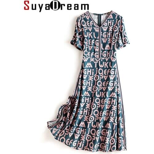 SuyaDream Woman Long Dress Silk Double Joe Short Sleeves V neck A-Line Printed Dresses 2021 Spring Summer Dress
