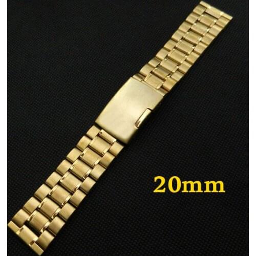 Golden 20mm Stainless Steel Watch Band Strap Fold over clasp with one push button With Safety Men Women Replacement GD011320