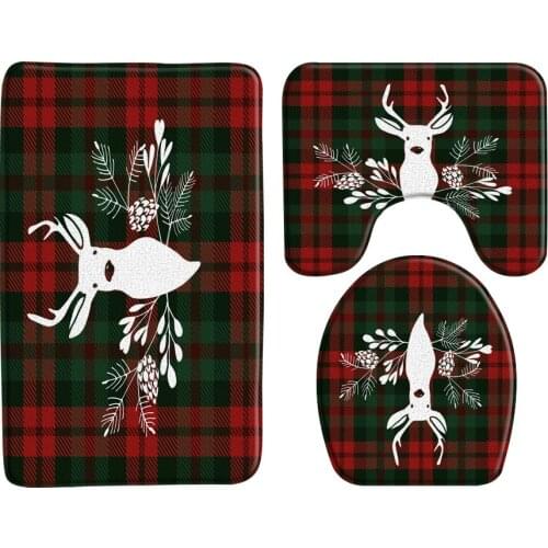 3Pcs Christmas Elk Red And Green Grid Entrance Doormat Bathroom Non-Slip Rugs Kitchen Carpet Toilet Seat Cover Rugs Home Decor