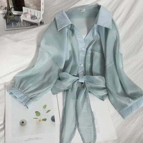 Abrini Women 2021 Summer Chiffon Shirts See Through Shirts Sunscreen Bloses Women V-Neck Loose Casual Solid Button Up Shirts