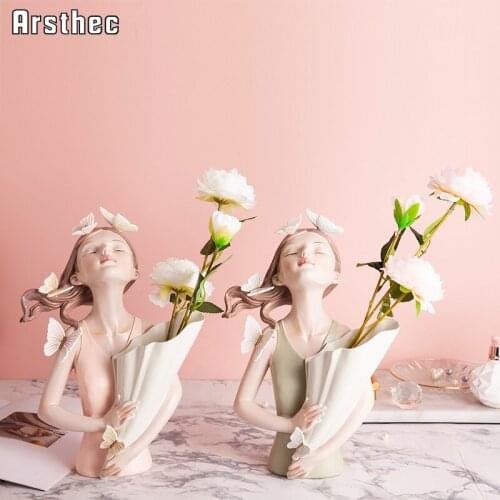 Arsthec Fairy Girl Flowers Vase Statues Kawaii Resin Art Sculpture For Interior Home Decor Wedding Valentines Day Gift Ornament