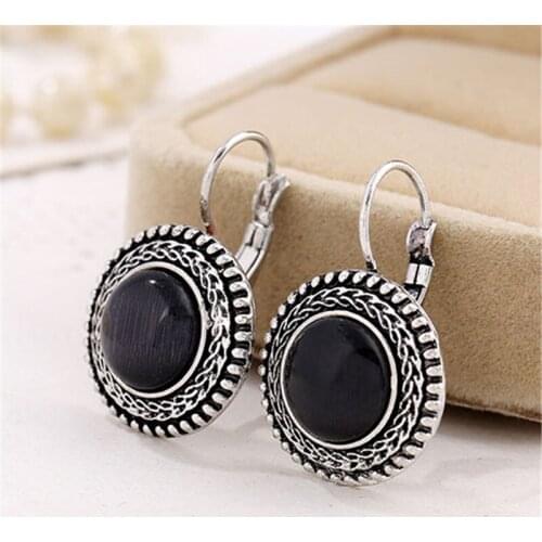 Free Shipping Wholesale Women Girl Boho Ethnic Clip Earrings Round Black Opal Jewelry Charm Silver Color Clip on Earrings