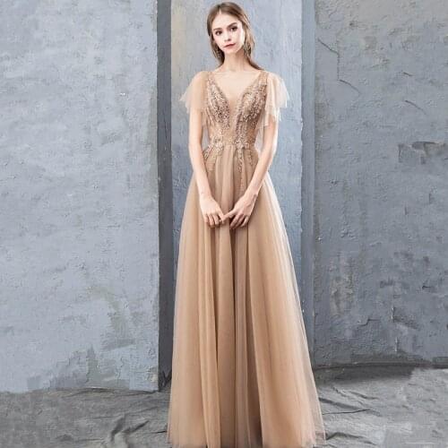 Sparkle Champagne Evening Dresses A-Line V-Neck Sequined Sleeveless Tulle Formal Gowns For Party Robe De Soiree Women Party