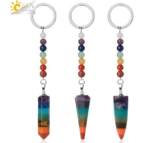 CSJA Keychain Ring Key Chain for Car Bag Accessories Reiki Yoga 7 Chakra Healing Natural Stone Women Men Decoration Gift G346