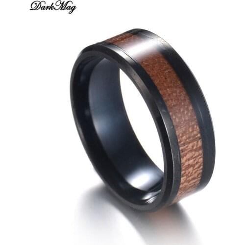 DarkMag 8mm Black Stainless Steel Rings Inlay Hawaiian Koa Wood Wedding Band Mens Jewelry
