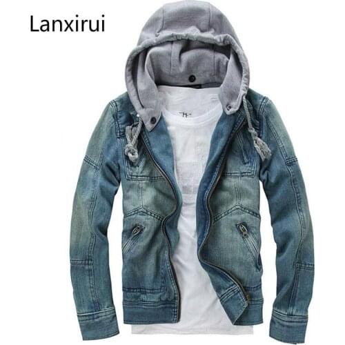 New Brand Foreign Male Fashion Denim Jacket Detachable Hooded Men Denim Jacket Denim Jacket Jeans Size M -5xl